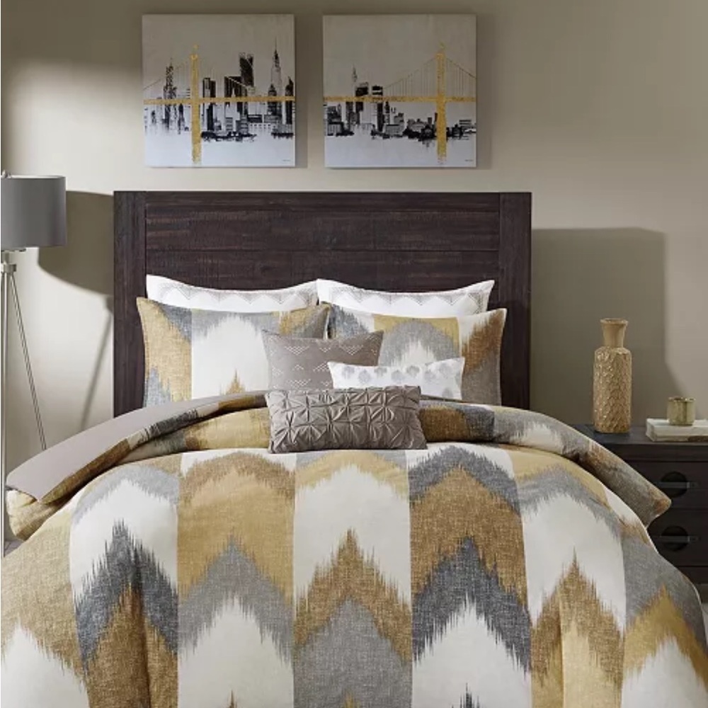 Ink + Ivy Alpine blush blue tan white queen duvet cover